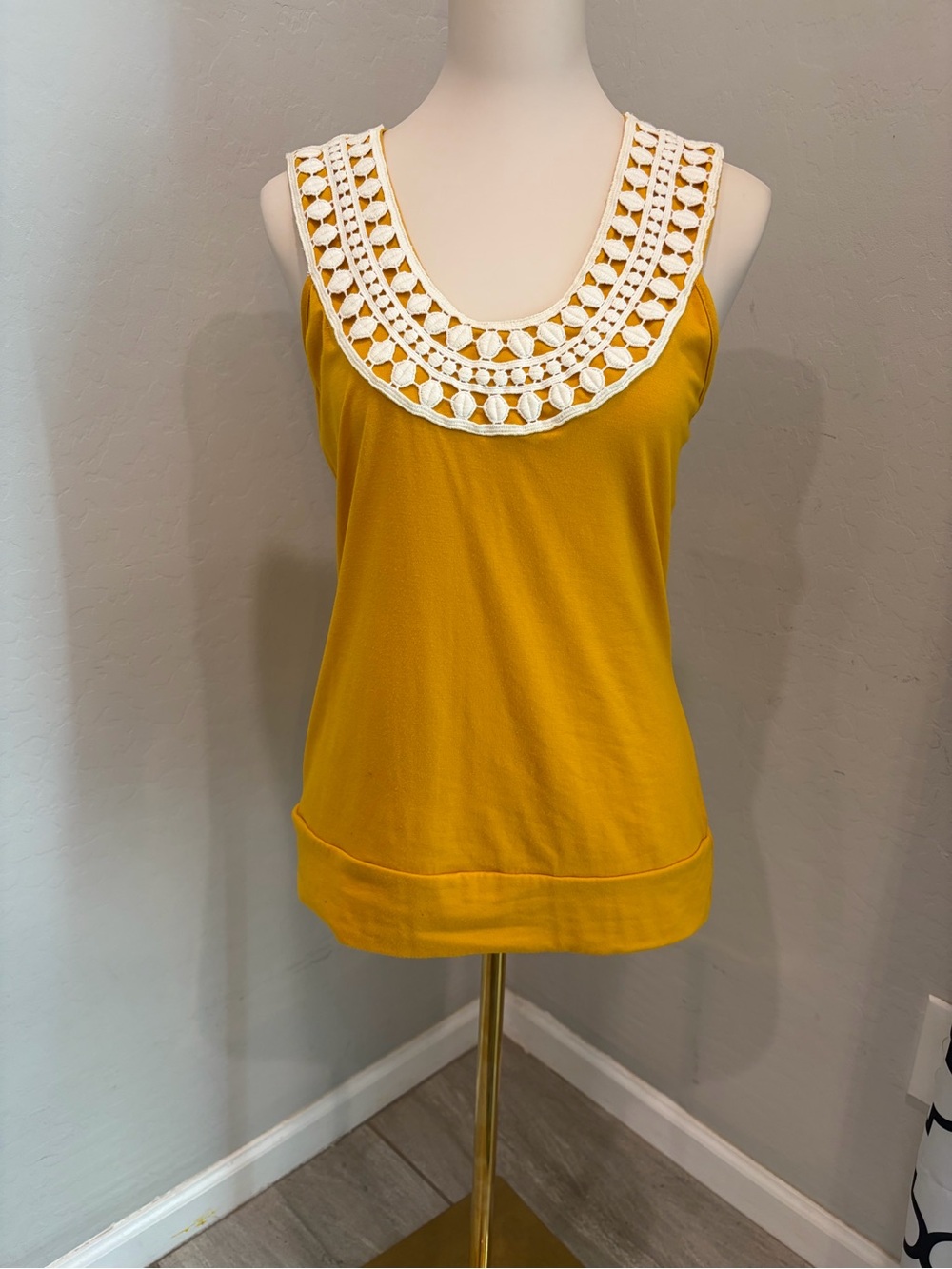 Mustard Crochet-Trim Scoop Neck Tank - Women